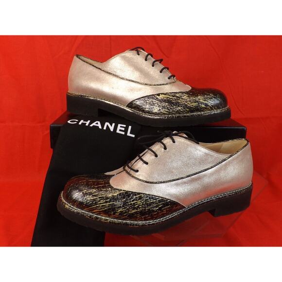 NIB CHANEL G31564 TWO TONE SHIMMER BLACK LEATHER CC LOGO LACE OXFORDS 40.5 $1K - Picture 8 of 12